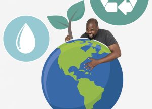 Cheerful man with an environmental conservation symbols